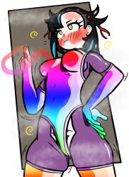  alternate_costume blue_hair blush breasts costume eye_color_change female_only femsub hair_color_change hand_on_hip illumina lipstick makeup malamar malamar_outfit marnie_(pokemon) mega_malamar nintendo pokemon pokemon_legends_z-a pokemon_sword_and_shield pokemon_x_and_y solo spiral symbol tight_clothing yellow_eyes 