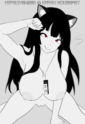 absurdres arms_above_head bangs black_hair bottomless brain_drain breasts cat_ears cat_girl cat_pose female_only femsub hypnotic_accessory hypnovember id_card kakegurui kneeling large_breasts licking_lips mind_break monochrome navel nipples nude pussy red_eyes simple_background smile solo spiral_eyes spread_legs straight-cut_bangs symbol_in_eyes tagme thesalazar topless yumeko_jabami