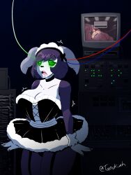 ayuko_(jcroth) bare_shoulders binary_eyes bow brain choker collarbone drool female_only femsub furry garter_straps glowing_eyes horns huge_breasts indeedee maid maid_headdress microchip nintendo open_mouth original panties pokemon pokemon_(creature) purple_hair purple_skin short_hair solo surprised swirlytanuki tech_control thick_thighs tongue tv white_skin wires