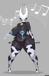 bare_shoulders bell_collar black_skin bottomless breasts bug_girl collar collarbone cow_girl cow_print crossed_eyes female_only femsub furry ghostec gloves glowing_eyes grey_background hollow_knight_(series) hornet_(hollow_knight) hucow huge_ass huge_nipples hypnotic_audio lactation large_breasts large_nipples music navel nipples nude orgasm pussy pussy_juice signature simple_background solo spiral_eyes spiralwash_eyes squirting standing thick_thighs thighhighs topless trembling wide_hips