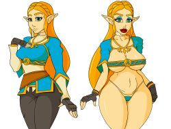 absurdres before_and_after bimbofication blonde_hair breasts breath_of_the_wild cleavage elf elf_ears empty_eyes female_only femsub large_breasts large_lips leggings long_hair nintendo princess princess_zelda solo the_legend_of_zelda thebrise thick_thighs thong