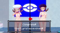  3d before_and_after djiwedmewj empty_eyes happy_trance hat large_breasts lyra_(pokemon) nintendo nude pokeball pokemon text 