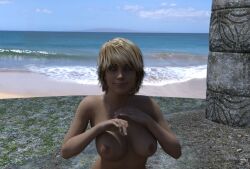 3d blonde_hair bottomless breasts corruption empty_eyes female_only femsub gina_(playmakersama) original short_hair smile topless weapon