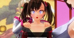 3d blue_eyes breasts brown_hair dialogue female_only femdom femsub green_eyes japanese_clothing kamen_writer_mc kimono large_breasts mc_trap_town multiple_girls multiple_subs ponytail screenshot short_hair spiral_eyes symbol_in_eyes text twintails white_hair