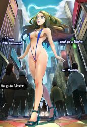 ai_art blue_lipstick cameltoe empty_eyes english_text exhibitionism expressionless femsub hellsing002_(generator) high_heels lipstick long_hair makeup nail_polish navel sling_bikini spiral_eyes text