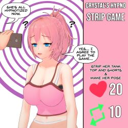  3d blue_eyes bra cell_phone clothed collarbone confused crop_top crystal_(zko) dialogue empty_eyes eyebrows_visible_through_hair femsub midriff open_mouth original phone pink_hair ponytail rollb shorts speech_bubble spiral_background standing tank_top text 
