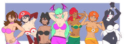  absurdres adeleine aged_up alternate_costume arms_above_head black_hair bracelet breasts breath_of_the_wild brown_hair capcom charlotte_emily choker cleavage clothed costume crossover dark_skin darkstalkers demon_girl earrings ef-nsfw elf_ears femsub five_nights_at_freddy's freckles green_hair hand_on_hip happy_trance harem harem_outfit hat kirby_(series) large_breasts leaning_forward long_hair makeela_riju megaman_(series) megaman_legends_(series) morrigan_aensland multiple_girls multiple_subs murder_drones nintendo orange_hair posing princess princess_daisy red_hair short_hair simple_background smile spiral_eyes succubus super_mario_bros. tears_of_the_kingdom tessa_james_elliot the_legend_of_zelda tron_bonne very_long_hair white_hair wings 