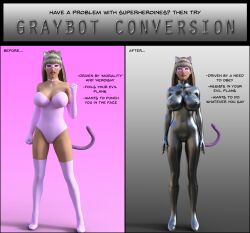  3d advertisement breasts cat_ears collar enemy_conversion fake_tail female_only fembot femsub graybot high_heels large_breasts mask metrobay_comix original pink_pussycat robot robotization super_hero tech_control text theheckle whitewash_eyes 