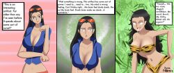  black_hair brain_drain breasts cave_girl devolution dialogue drool female_only femsub happy_trance large_breasts long_hair nico_robin one_piece smile spiral_eyes syas-nomis text 