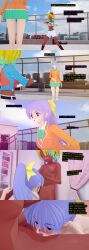  3d blush censored cyanstargazer dark_skin empty_eyes femdom femsub licking miho_nosaka multicolored_hair nipples nude original purple_hair school_uniform text yu-gi-oh! yuri 