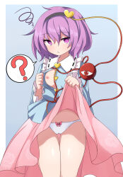  bow breasts cameltoe confused dialogue expressionless femsub hair_band heart monster nipples open_clothes panties purple_eyes purple_hair red_eyes rizento satori_komeiji short_hair simple_background skirt skirt_lift speech_bubble spiral_eyes standing symbol_in_eyes touhou underwear 