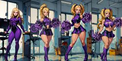  absurdres ai_art bimbofication blonde_hair bodysuit boots breast_expansion breasts cheerleader comic computer eyeshadow high_heels latex lisa_wilbourn long_hair midriff miniskirt ponytail purple_lipstick sequence spiral tagme thick_thighs transformation twintails worm_(series) 