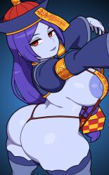 clothed_exposure empty_eyes expressionless fate/grand_order fate_(series) huge_ass jiangshi kabeume large_breasts milf minamoto_no_raikou purple_hair purple_skin red_eyes tagme talisman zombie_walk