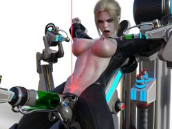  3d abs angry beam blonde_hair blue_eyes bodysuit clothed_exposure corruption crotch_tattoo cuffs daz_studio erect_nipples female_only femsub glowing_eyes lactation lipstick milk milking navel nipples open_mouth ponytail restrained sex_machine solo sweat syringe tattoo the_nothing topless transparent_background vaginal 