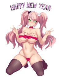  absurdres blonde_hair bottomless breasts dangan_ronpa double_v female_only femsub happy_trance heart hevn junko_enoshima kaa_eyes kneeling large_breasts long_hair looking_at_viewer naked_ribbon navel new_years ribbon simple_background smile solo text thighhighs twintails v w_arms 