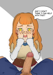  absurdres black_clover clothed comic dialogue embarrassed fijin green_eyes mimosa_vermillion orange_hair penis text 
