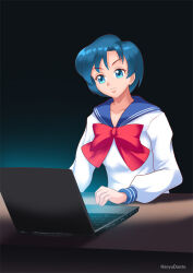  blue_hair breasts computer female_only gradient_background hadant large_breasts sailor_mercury sailor_moon_(series) school_uniform short_hair signature simple_background solo watermark 