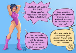  absurdres blue_background blue_hair boots breasts claire_nunez dc_comics dialogue female_only femdom femsub happy_trance high_heels lady_legasus leotard mr_scade open_mouth purple_eyes short_hair signature simple_background smile speech_bubble standing teen_titans_go! text tongue trollhunters 