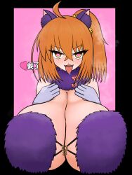 absurdres ahoge alternate_costume blush border breasts breath charm_(spell) dangerous_beast drool eyebrows_visible_through_hair fake_animal_ears fate/grand_order fate_(series) gloves halloween happy_trance heart heart_eyes huge_breasts japanese_text looking_at_viewer open_mouth orange_hair pink_background ritsuka_fujimaru_(female) short_hair side_ponytail simple_background stray_oekaki symbol symbol_in_eyes text tongue tongue_out translated yellow_eyes