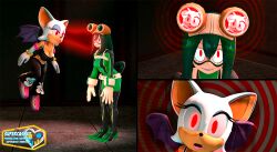3d bat_girl bat_wings bodysuit bracelet cleavage femsub gloves glowing_eyes green_hair hypnotized_hypnotist jewelry leaning_forward my_hero_academia open_mouth red_eyes rouge_the_bat shoes smile sonic_the_hedgehog_(series) source_filmmaker spiral super_hero supercasket tsuyu_asui turning_the_tables wings
