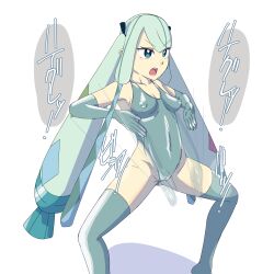 blue_eyes blue_hair breasts erect_nipples gloves haigure hair_ornament japanese_text leotard long_hair miku_hatsune nintendo open_mouth pokemon project_voltage pyomo1 steel_miku_(project_voltage) swimsuit text thighhighs twintails unhappy_trance vocaloid