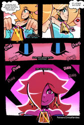  bare_shoulders bell bell_collar blonde_hair blue_eyes blush clothed collar cowbell dress earrings english_text eye_color_change eyebrows_visible_through_hair eyeshadow female_only femsub hair_covering_one_eye happy_trance hypnotic_accessory hypnotic_audio jewelry long_hair looking_at_viewer mirror nail_polish nintendo pink_eyes princess_rosalina smile solo speech_bubble spiral_eyes super_mario_bros. super_mario_galaxy sweat text thehornyzen 