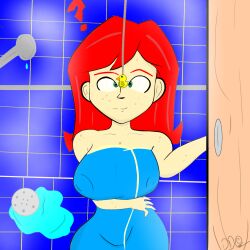  dazed_dames freckles happy_trance hypnotic_accessory red_hair shower simple_background spiral_eyes towel 