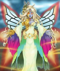  aura bare_breasts blonde_hair breasts cleavage corruption dress earrings eye_color_change femsub glowing_eyes gold grey_skin huaquero_of_the_golden_land large_breasts long_hair looking_at_viewer mardel,_generaider_boss_of_light monster_girl nipples open_mouth orange_eyes torn_clothes tunberuku wings yu-gi-oh! 