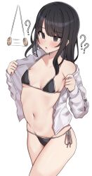  aa211108 bikini black_eyes black_hair blush coin confused female_only femsub hiori_kazano long_hair navel open_mouth pendulum pov_dom small_breasts spiral_eyes swimsuit the_idolm@ster the_idolm@ster:_shiny_colors undressing white_background 