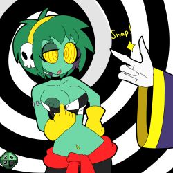 absurdres alternate_costume breasts choker dazed femsub finger_snap gloves green_hair green_skin hairband hand_on_hip headphones heavy_eyelids hourglass_figure hypno_baron midriff navel nipples open_mouth rottytops shantae_(series) short_hair signature spiral_background spiralwash_eyes symbol_in_eyes text undead_girl undressing yellow_sclera zombi62 zombie