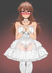  absurdres balls bare_shoulders blush bow bridal_gauntlets brown_hair censored chains chastity choker crown cuffs empty_eyes eye_color_change eyebrows_visible_through_hair feminization gloves gradient_background jewelry long_hair looking_at_viewer male_only malesub necklace original red_eyes restrained ring_eyes simple_background skirt solo sweat thighhighs unhappy_trance wedding_dress x-ray ysdo 