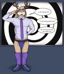 antlers asher_(lactose) bulge caine_latrans dialogue dress_shirt drool furry hypnotic_screen jackalope_boy male_only malesub mantra original precum saluting shoes socks solo speech_bubble spiral spiral_eyes standing tie underwear