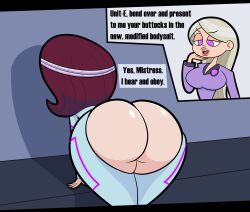 apopop ass bent_over clothed_exposure dan_vs. dialogue elise femdom femsub headband huge_ass presenting red_hair tech_control text