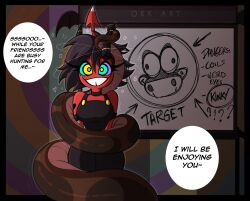  black_hair clothed clothed_exposure coils disney english_text helluva_boss horns hypnotic_eyes kaa kaa_eyes millie_(helluva_boss) orkart ping red_skin smile snake snake_boy spiral_eyes stiff_tail text the_jungle_book 