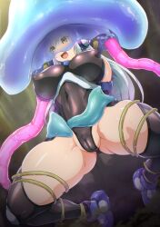 arms_behind_back blush boots breasts cameltoe erect_nipples erect_nipples_under_clothes female_only femsub green_eyes grey_hair hasumi headphones huge_breasts jellyfish leotard long_hair mission_mermaiden nelofox open_mouth parasite pussy_juice restrained see-through solo spread_legs sweat tentacles thick_thighs thigh_boots thighhighs tongue trapped 