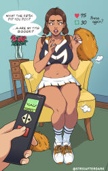 aware breast_expansion brown_eyes brown_hair cheerleader clothed confused earrings embarrassed english_text milf mole original remote_control skirt strix sweat tagme text twintails