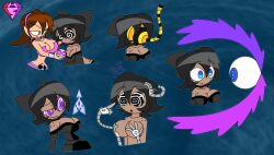  alternate_costume black_hair blue_eyes breasts brown_hair capcom cleavage clothed costume crossover deltarune earrings female_only femdom femsub freckles green_eyes hypnoscream large_breasts megaman_(series) megaman_legends_(series) midriff multiple_methods_of_hypnosis murder_drones navel spiral_eyes tessa_james_elliot tron_bonne undertale werewire 