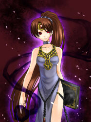 arms_behind_back aura bare_legs bo_(774berry) book brown_hair choker collarbone corruption dress enemy_conversion eyebrows_visible_through_hair female_only femsub fire_emblem fire_emblem_mystery_of_the_emblem headband jewelry linde_(fire_emblem) long_hair looking_at_viewer magic nintendo ponytail red_eyes skirt smirk solo tagme wide_hips