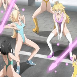  ahegao bare_legs bare_shoulders blonde_hair blue_eyes blush cleavage clothed collarbone crown earrings eyebrows_visible_through_hair female_only femsub gloves haigure hair_covering_one_eye high_heels leotard multiple_girls multiple_subs nintendo one-piece_swimsuit open_mouth opera_gloves princess_peach princess_rosalina shoes super_mario_bros. super_mario_galaxy sweat thighhighs tongue_out z 