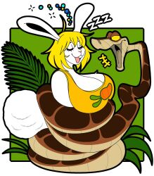  blonde_hair breasts bunny_ears bunny_girl carrot_(one_piece) cleavage closed_eyes coils disney femsub happy_trance huge_breasts hypnofood imminent_vore kaa maledom one_piece open_mouth outdoors restrained short_hair simple_background sleeping smile snake snake_boy tagme tail tank_top the_jungle_book western white_skin 