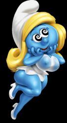  bare_legs blonde_hair blue_skin breasts clothed dress erect_nipples_under_clothes female_only femsub hand_on_head hat high_heels long_hair manip nikcesco nipples posing reversed1_(manipper) see-through smile smurfette solo spiralwash_eyes standing the_smurfs transparent_background wet 