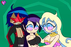  ahoge bare_shoulders blue_hair bracelet cleavage collar collarbone crop_top eyebrows_visible_through_hair eyelashes femdom femsub green_background gurren_lagann hand_on_another's_cheek happy_trance harem_outfit hypnoscream hypnotic_eyes jacket kiyal_bachika large_breasts long_hair maledom multicolored_eyes multicolored_hair multiple_doms nia_teppelin open_clothes purple_hair shiny_hair simon_(gurren_lagann) smile spiral_background spiralwash_eyes sunglasses tan_skin watermark 