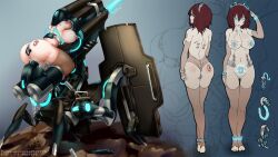 ass before_and_after bottomless breasts brown_eyes brown_hair dildo empty_eyes femsub fingerless_gloves gloves glowing glowing_eyes gun headband nipples opera_gloves pussy pussy_juice robot robotization saluting sex_toy tattoo tech_control thighhighs tights tubes weapon yakou