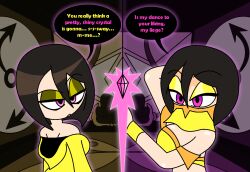 aged_up altered_common_sense alternate_costume androgynous_dom arms_above_head aura bare_shoulders before_and_after bracelet brown_hair crystal dancer dancing empty_eyes english_text eyebrows_visible_through_hair eyeshadow femsub harem_outfit hood hypnoscream large_breasts little_nightmares looking_back pink_eyes pov_dom shiny_hair shiny_skin short_hair sideboob simple_background six solo speech_bubble veil