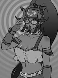 ammo_baron breasts elf_ears female_only femsub glasses gloves greyscale happy_trance harmony_(shantae) hat hypnotic_accessory monochrome porniky saluting shantae_(series) solo spiral_eyes standing standing_at_attention symbol_in_eyes tech_control visor