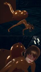 3d absurdres all_fours ass blindfold bodysuit brown_hair comic corruption erect_nipples erect_nipples_under_clothes female_only femsub glowing_eyes happy_trance heavy_eyelids honey_select_2 latex murochi-san original pink_eyes ponytail rubber see-through slime solo spread_legs tears tentacles
