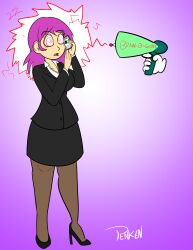  absurdres brain_drain breasts business_suit cell_phone dazed female_only femsub gun high_heels hypnotic_beam hypnotic_gun large_breasts open_mouth penken phone purple_hair raygun simple_background spiral_eyes standing symbol_in_eyes text 