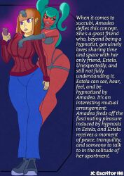 amadea_(escritor_hb) black_sclera confused consensual escritor_hb estela_(escritor_hb) evil_smile green_hair phone purple_eyes red_skin spiral_eyes succubus tech_control yuri