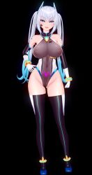  3d bangs bare_shoulders black_background blue_eyes blue_hair celestia_quartz crotch_tattoo cuffs erect_nipples erect_nipples_under_clothes face_paint female_only femsub gloves hand_on_hip happy_trance koikatsu! large_breasts leotard looking_at_viewer moawi1 multicolored_hair nipples opera_gloves original see-through silver_hair simple_background solo standing tattoo thigh_boots thighhighs 