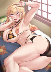  armpits ass bikini_bottom bikini_top blonde_hair blush breasts cleavage earrings female_only femsub glowing glowing_eyes happy_trance huge_breasts jewelry large_ass long_hair looking_at_viewer lying manip marin_kitagawa misterman4_(manipper) moisture_(chichi) my_dress-up_darling necklace open_mouth spiral_eyes swimsuit symbol_in_eyes tagme 